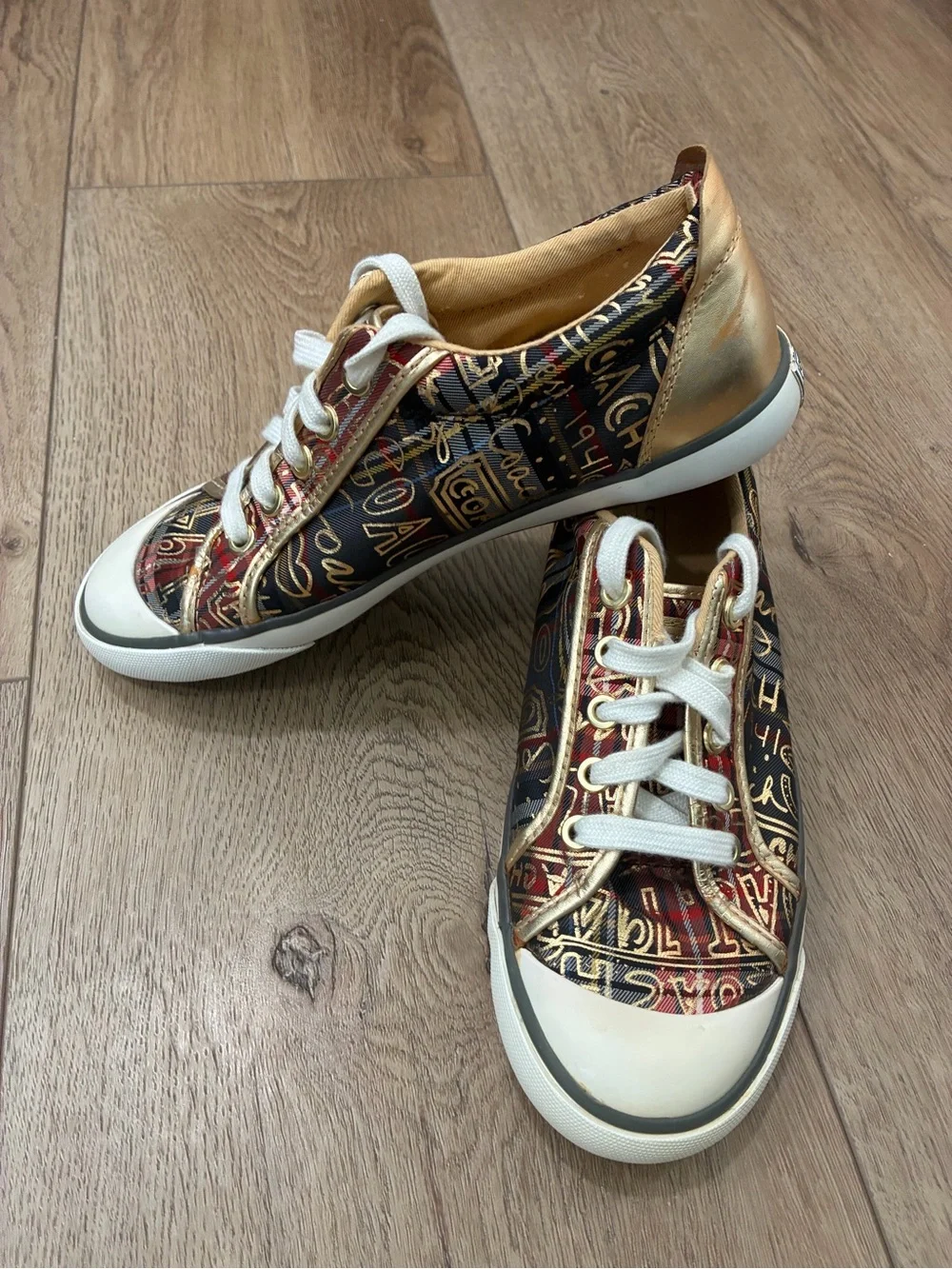 Coach Barrett plaid graffiti gold metallic low top sneakers